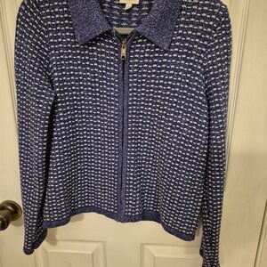 Talbots Navy and White Knit Zip-Front Cardigan